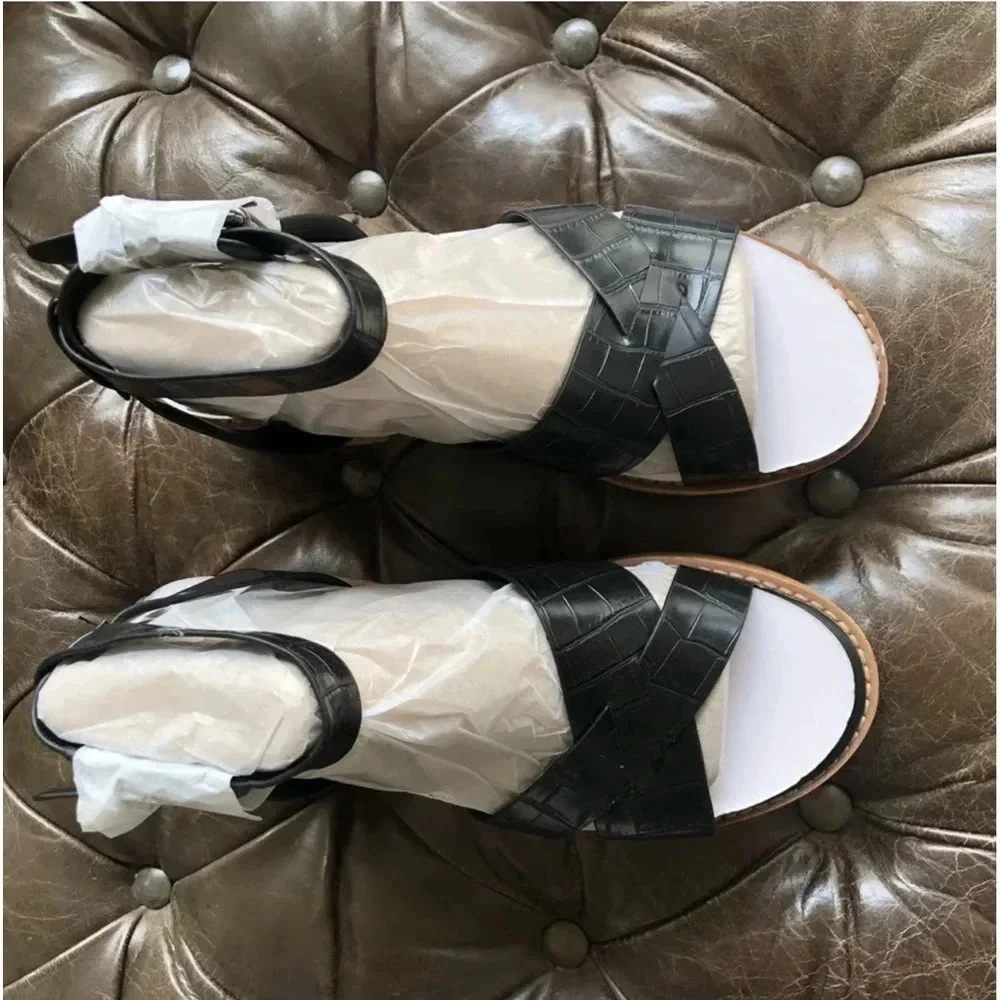 New Franco Sarto Sabello Platform Sandal cork Croc Embossed black animal print